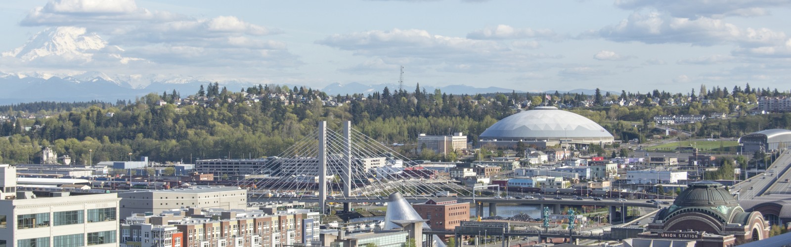 The image shows an urban cityscape with a bridge, buildings, and a distant mountain under a partly cloudy sky.