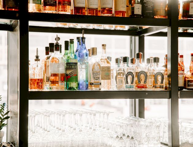 A bar shelf displaying various liquor bottles, glasses, and a small plant on the left side at the bottom of the shelf.