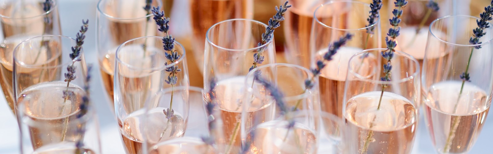 The image shows multiple glasses of rosé wine with sprigs of lavender as garnish, arranged on a table, likely for an event or celebration.