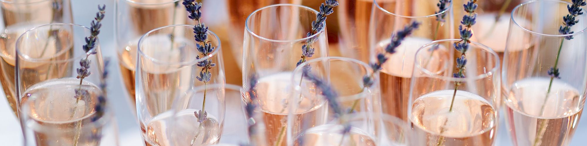 The image shows multiple glasses of rosé wine with sprigs of lavender as garnish, arranged on a table, likely for an event or celebration.
