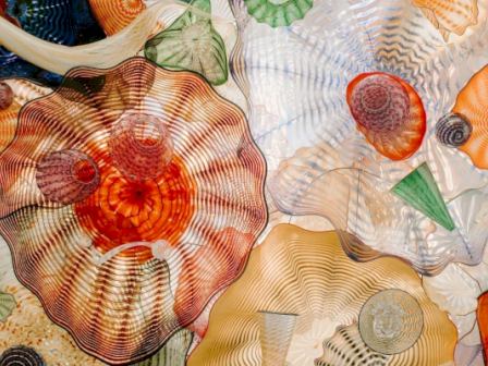 The image shows a colorful collection of glass sculptures with intricate, wavy patterns and various shapes, resembling sea anemones or flowers.